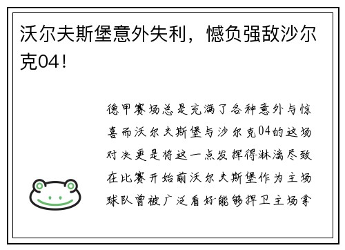 沃尔夫斯堡意外失利，憾负强敌沙尔克04！