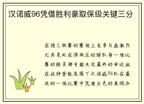汉诺威96凭借胜利豪取保级关键三分