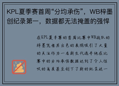 KPL夏季赛首周“分均承伤”，WB梓墨创纪录第一，数据都无法掩盖的强悍表现