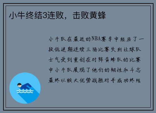 小牛终结3连败，击败黄蜂