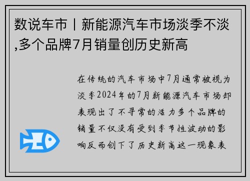 数说车市丨新能源汽车市场淡季不淡,多个品牌7月销量创历史新高