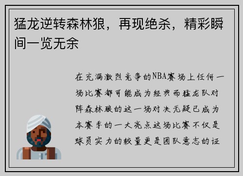 猛龙逆转森林狼，再现绝杀，精彩瞬间一览无余