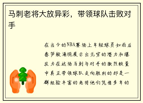 马刺老将大放异彩，带领球队击败对手