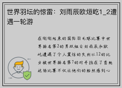 世界羽坛的惊雷：刘雨辰欧烜屹1_2遭遇一轮游
