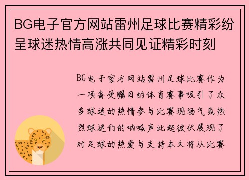 BG电子官方网站雷州足球比赛精彩纷呈球迷热情高涨共同见证精彩时刻